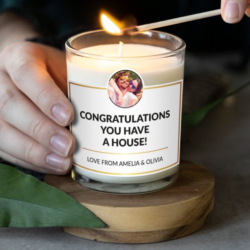 Personalised scented candle with gold-framed photo and text