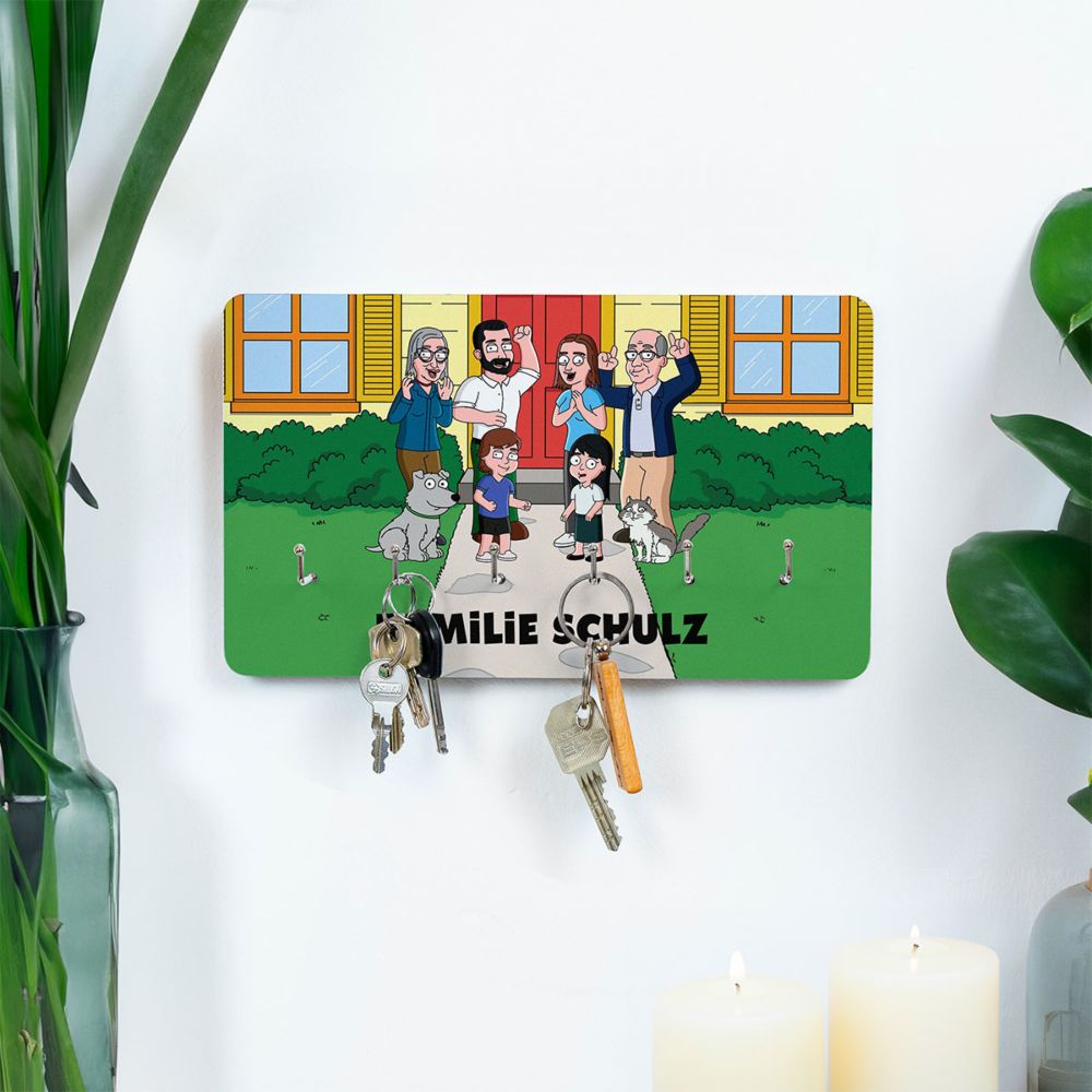 Personalised Key Hanger With Illustrated Family