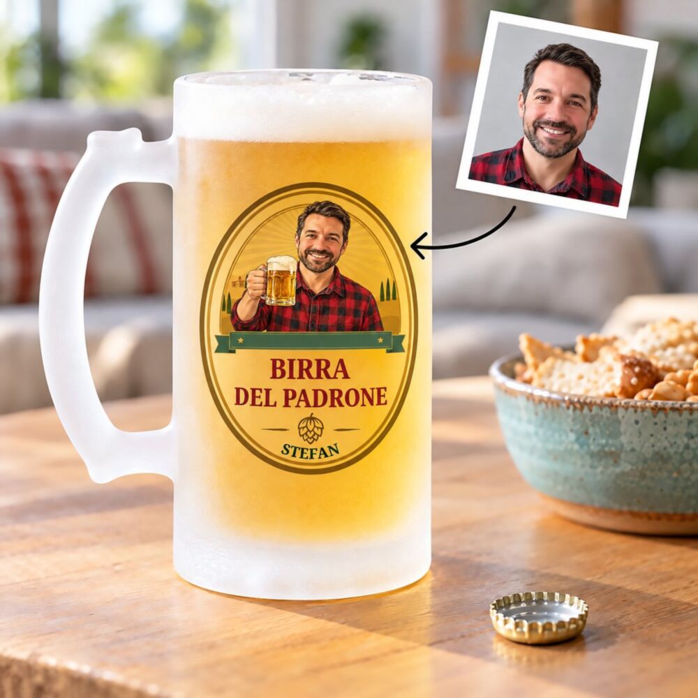 Personalised beer stein with face and logo – your photo becomes the figure on the label