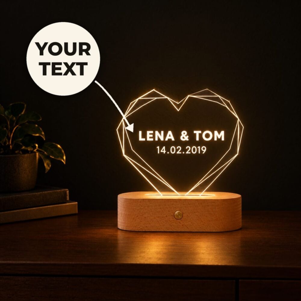 Personalised LED heart lamp – warm glow in the dark, engraved with your text