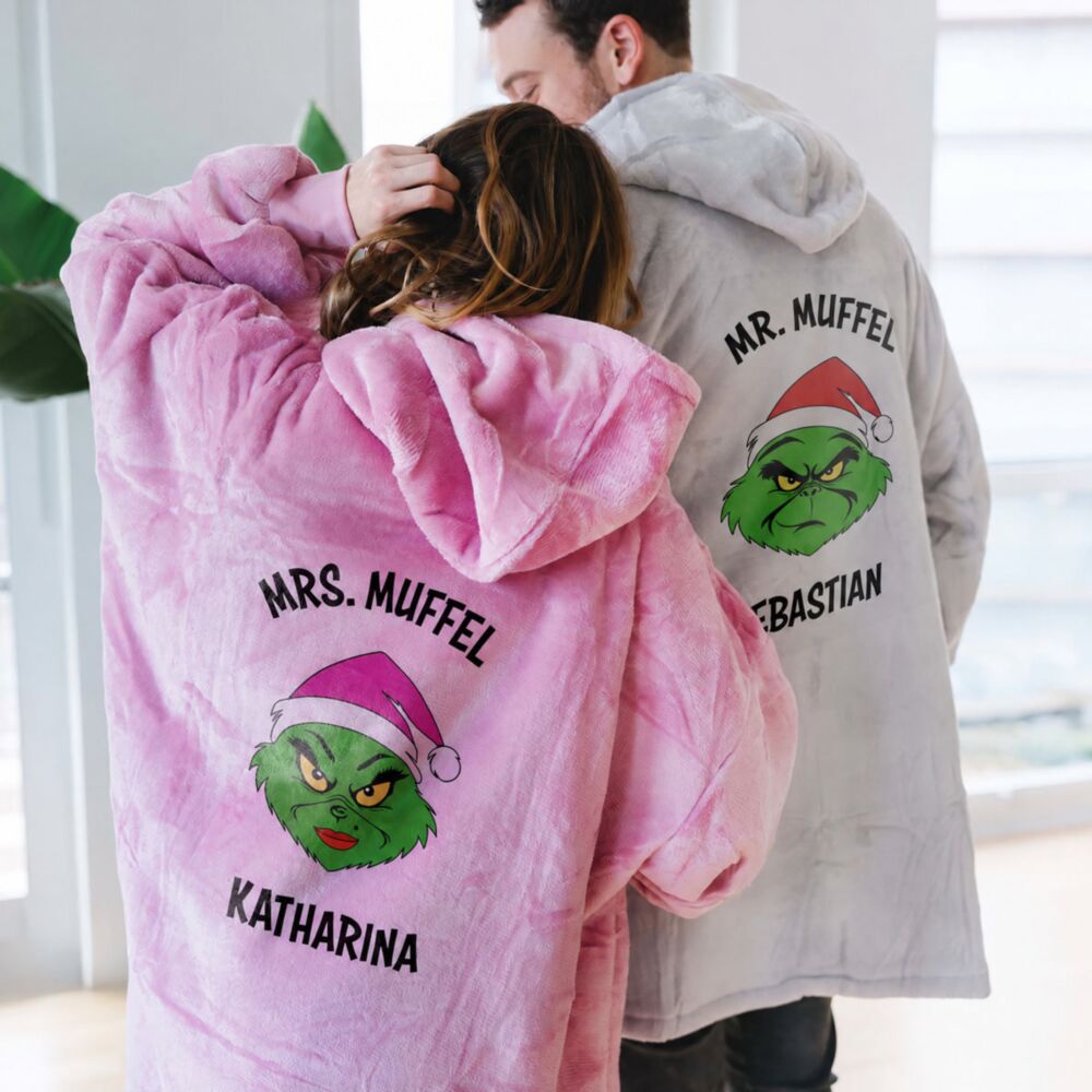 Personalised Christmas Grump Hoodie Blanket – couple in pink and grey with names