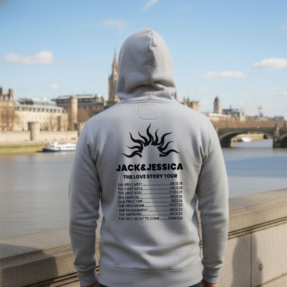 Personalisierbarer Kapuzenpullover im Tour-Stil mit Namen und Daten