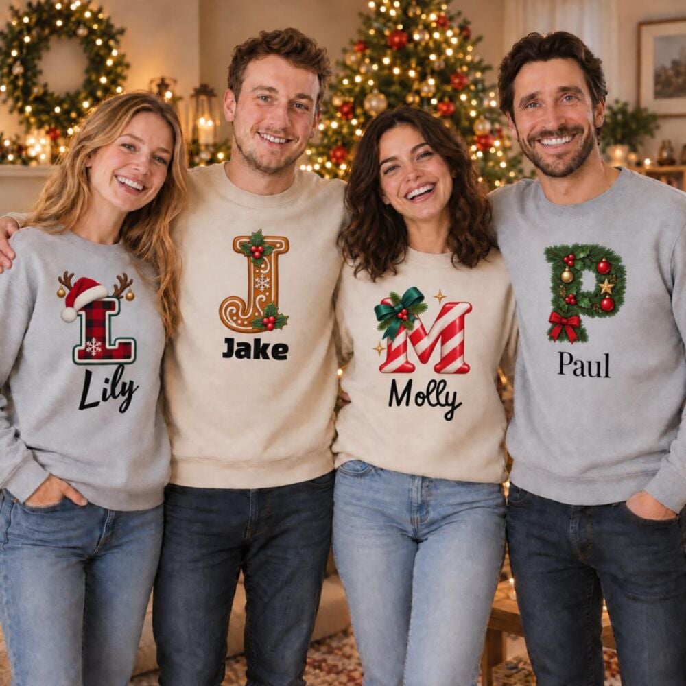 Personalised Christmas Sweatshirt with Initial and Name – four friends, each with their own initial