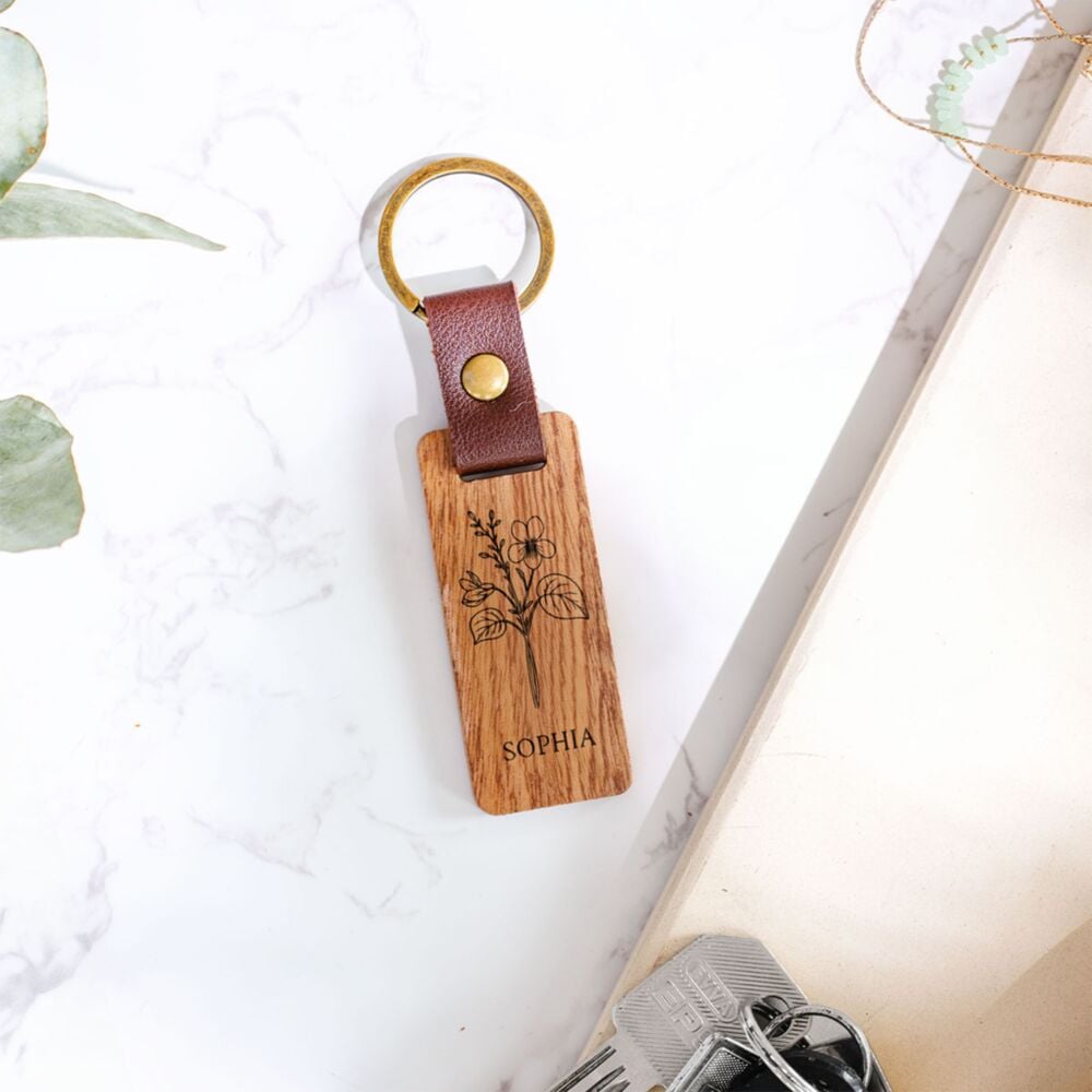 Personalised Wooden Keychain with Birth Month Flower and Custom Date