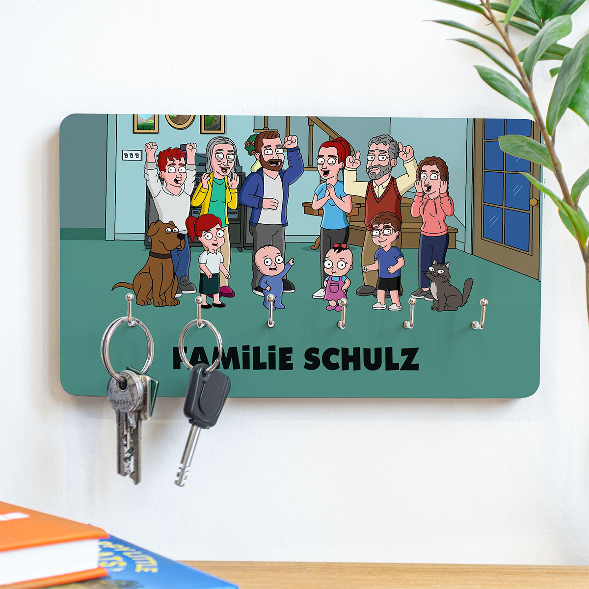Personalised Key Hanger With Illustrated Family